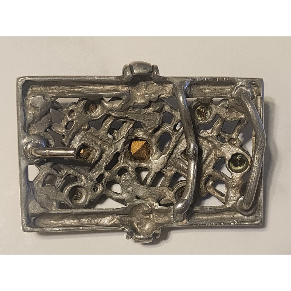 Vintage Belt Buckle Silver Tone Multi Color Crystal Interwoven  Metalwork - Picture 5 of 6